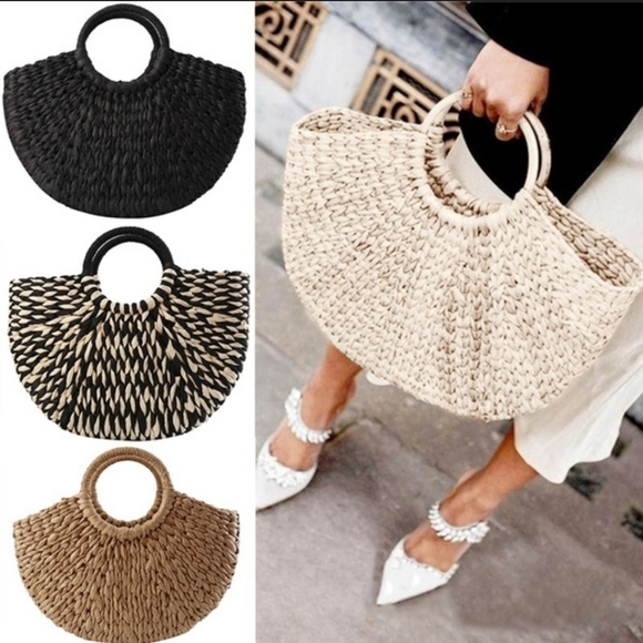 SALE Half Semi Circle Straw Ratan Woven Structured Tote Bag Black Cream Boho - Picture 3 of 10